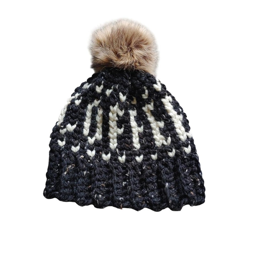 Handmade Crochet Coffee Knit Beanie Black Cream Chunky Faux Fur Pom Pom Winter